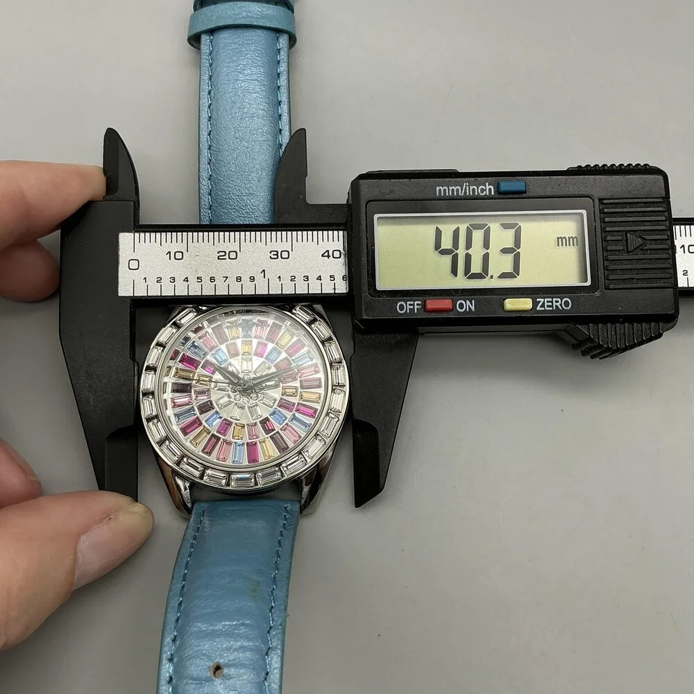 Adrienne Womens Watch 40mm Multicolor Gem Dial Silver Tone Leather New Battery